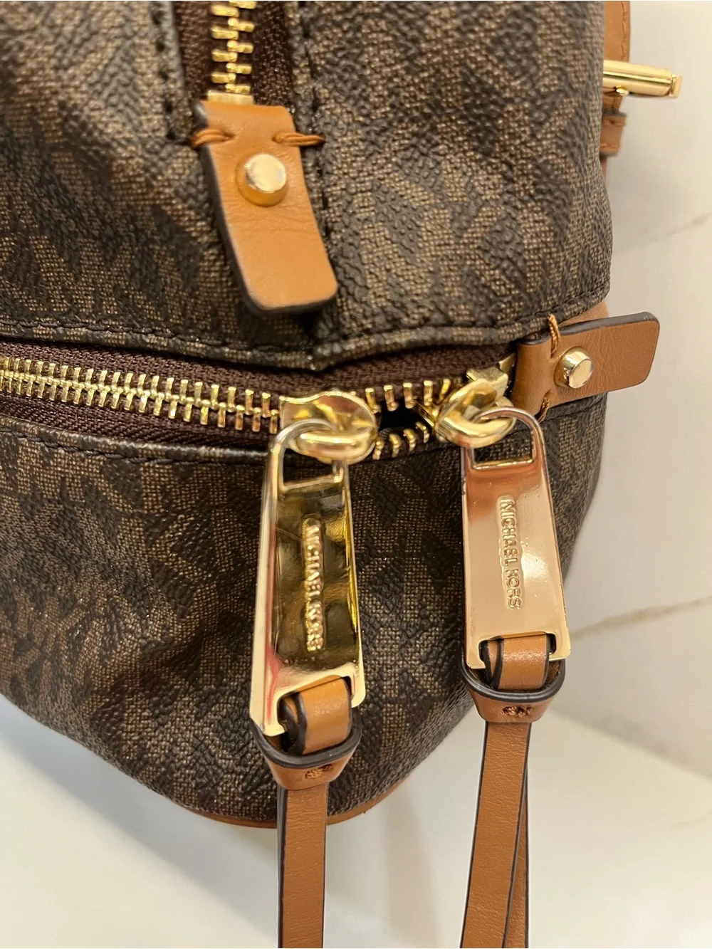 Michael Kors Brown MK Signature Logo Backpack Tan Gold Hardware